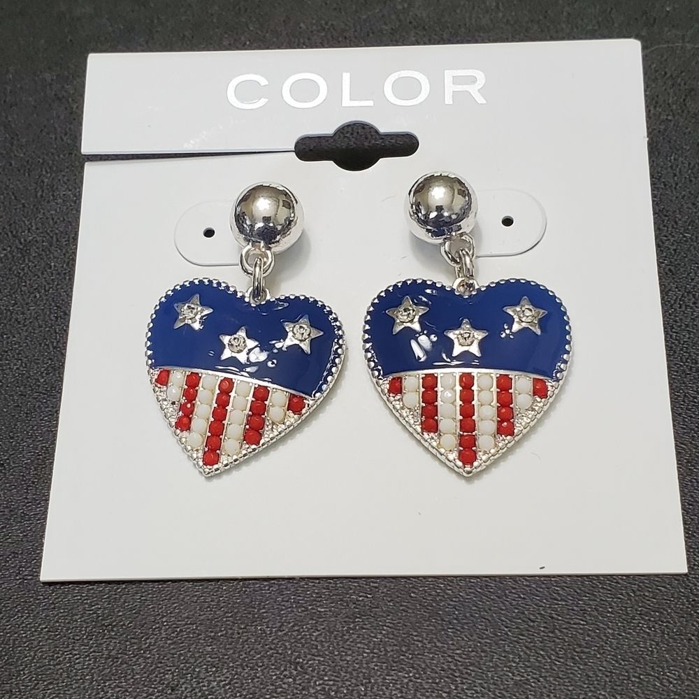 Silver tone red white & blue dangling heart earrings